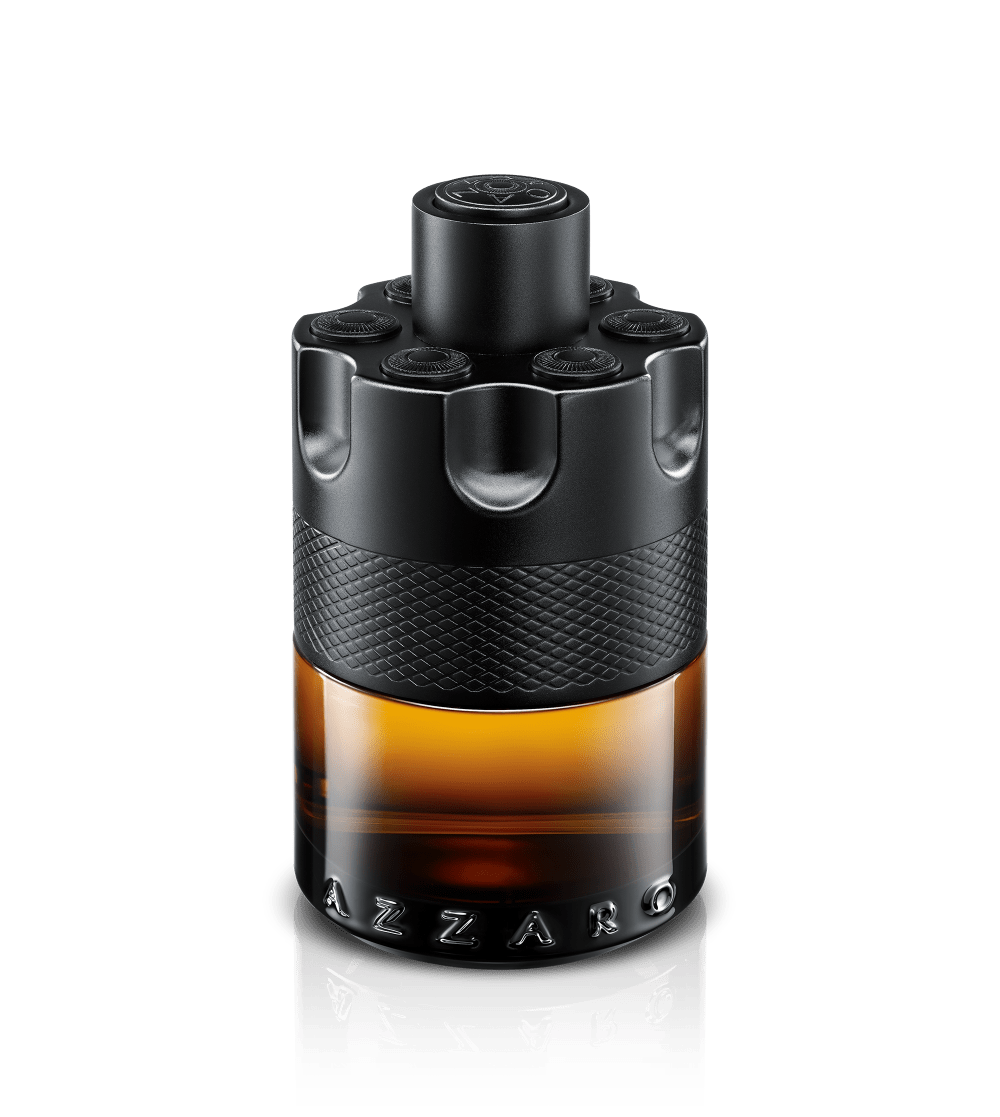 Black and brown Azzaro Parfum bottle on a reflective surface